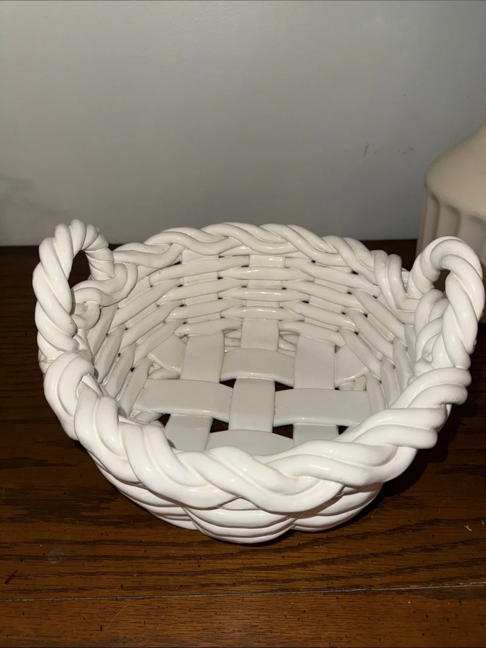 White Ceramic Woven Basket / Bread Decorative Bowl Stamped Made in Italy